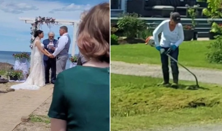 Vídeo: Vizinha “destrói” casamento ao cortar grama em meio à cerimônia