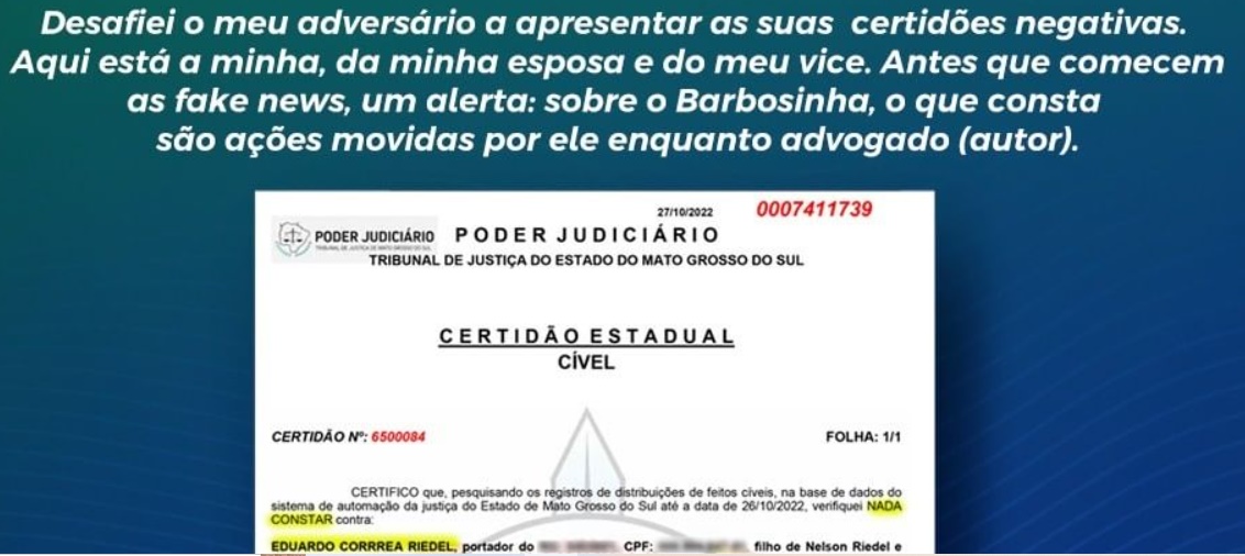 Promessa cumprida: Eduardo Riedel publica certidões negativas e desafia Capitão Contar