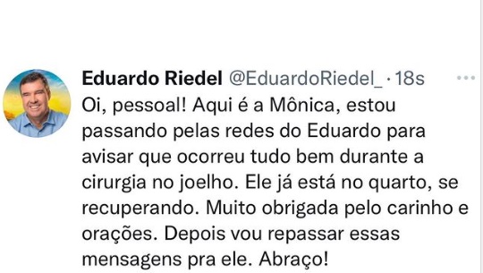 Eduardo Riedel passa bem após cirurgia no joelho