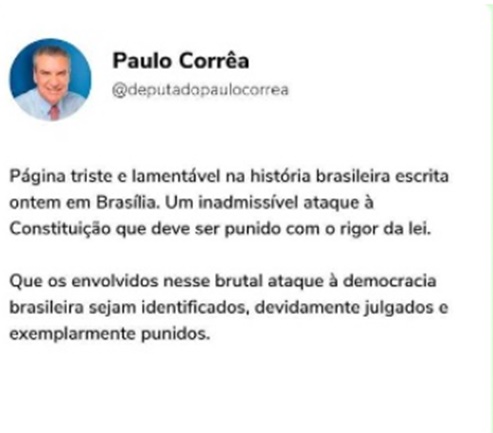 Paulo Corrêa diz que atos golpistas no DF “devem ser punidos com o rigor da lei”