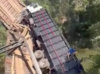 Ponte desaba com caminhão de gado no Rio Mimoso em Bonito e 8 animais morrem